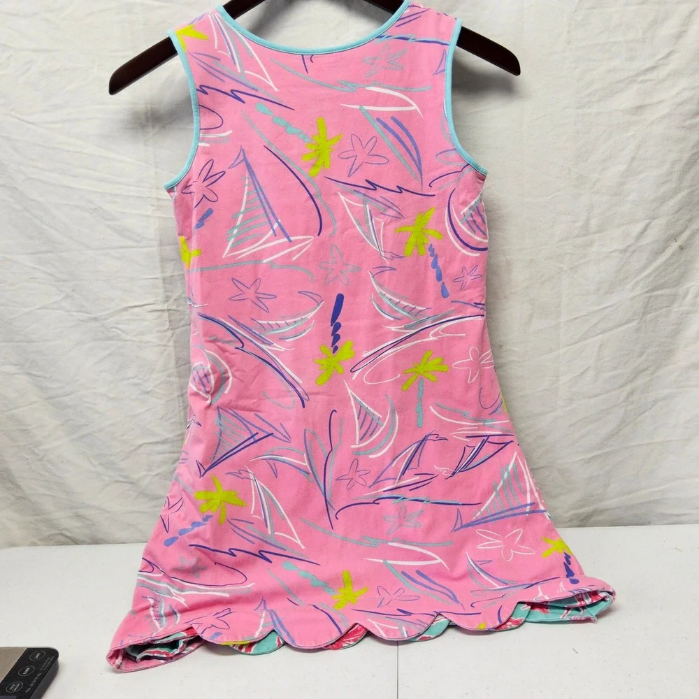 Three Friends Reversible Dress Kids Size 14 Teal Pink Flamingo Palm Tree Scallop